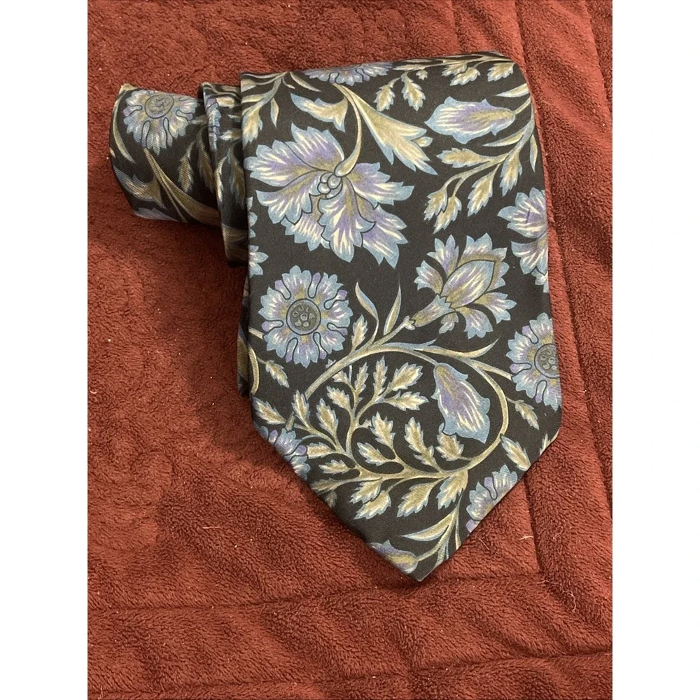 Vtg‎ Surrey Silk  Mens Floral Print Neck Tie Made in USA Black Purple Blue Green